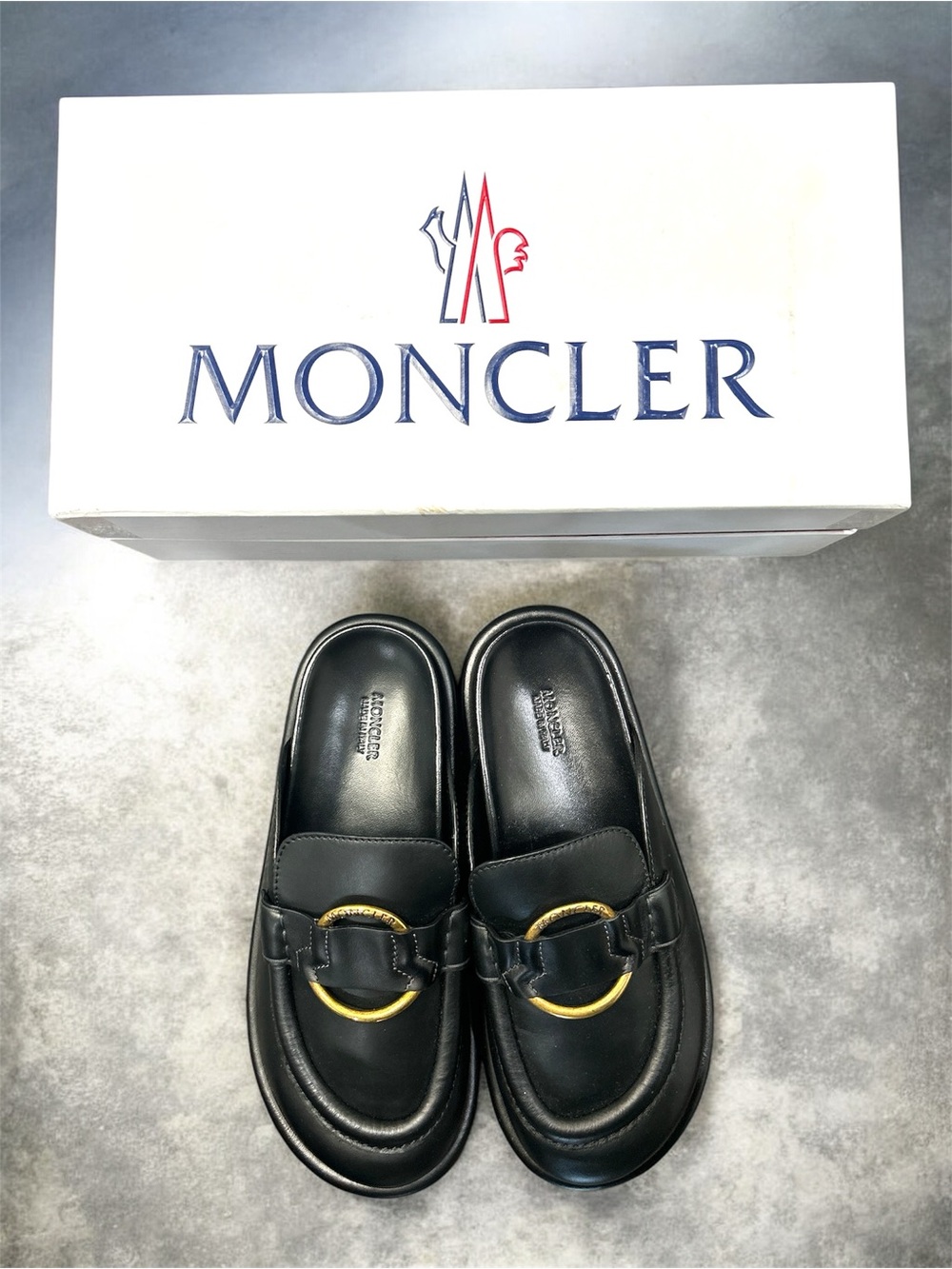Moncler Bell Mule Black Leather Slip-On Mules with Gold Ring Accent - Picture 6 of 7